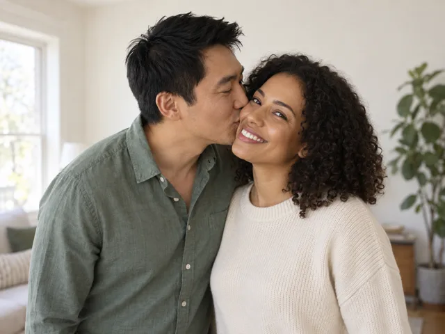 左の男性が右の女性の頬にやさしくキスをする様子