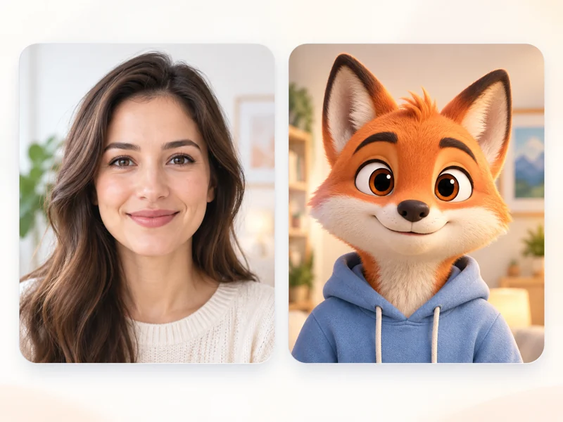 顔と口元がはっきり見える、正面向きの人物とキャラクターの画像例