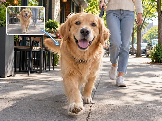 スマホ動画のアップスケールをイメージした犬の散歩動画の一場面