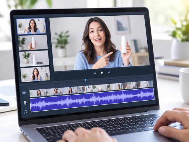 商品デモ動画のタイムラインとナレーション音声の波形が表示されたノートPC