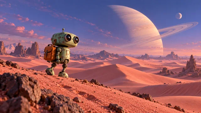ピンク色の異星に立つ緑色の探検ロボット