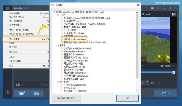 ファイル情報のビットレートを確認する