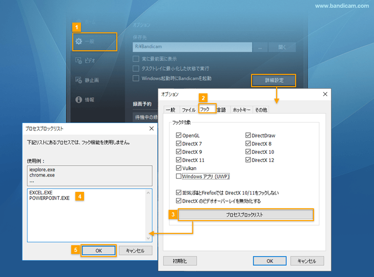 Bandicam一般>詳細設定>フック>プロセスブロックリスト