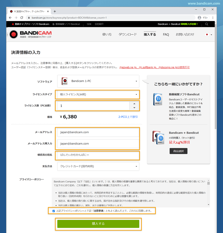 決済情報入力と注意事項同意