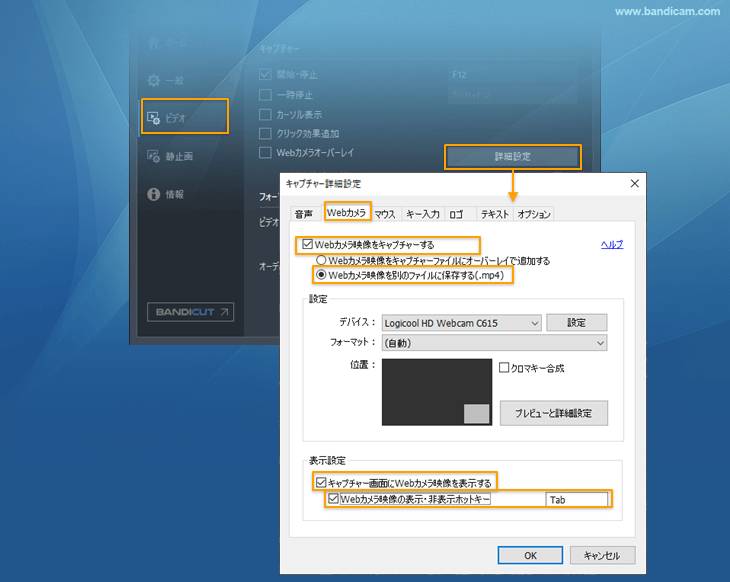 録画中にWebカメラ映像の表示・非表示を切り替える