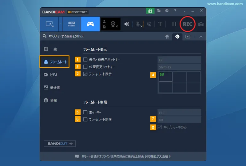 Bandicam フレームレート設定