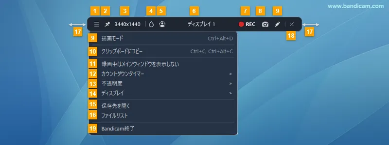 画面録画モード-フルスクリーンキャプチャーの操作パネル