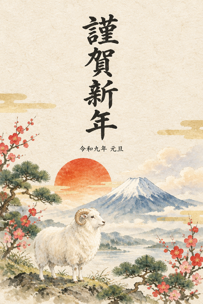 謹賀新年の筆文字と白い羊、富士山を描いた2027年のAI年賀状