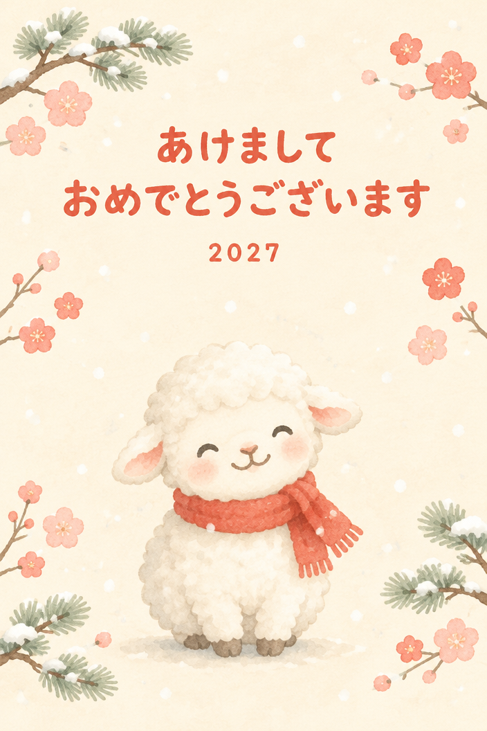 あけましておめでとうございますの文字と赤いマフラーの羊を描いた2027年のAI年賀状
