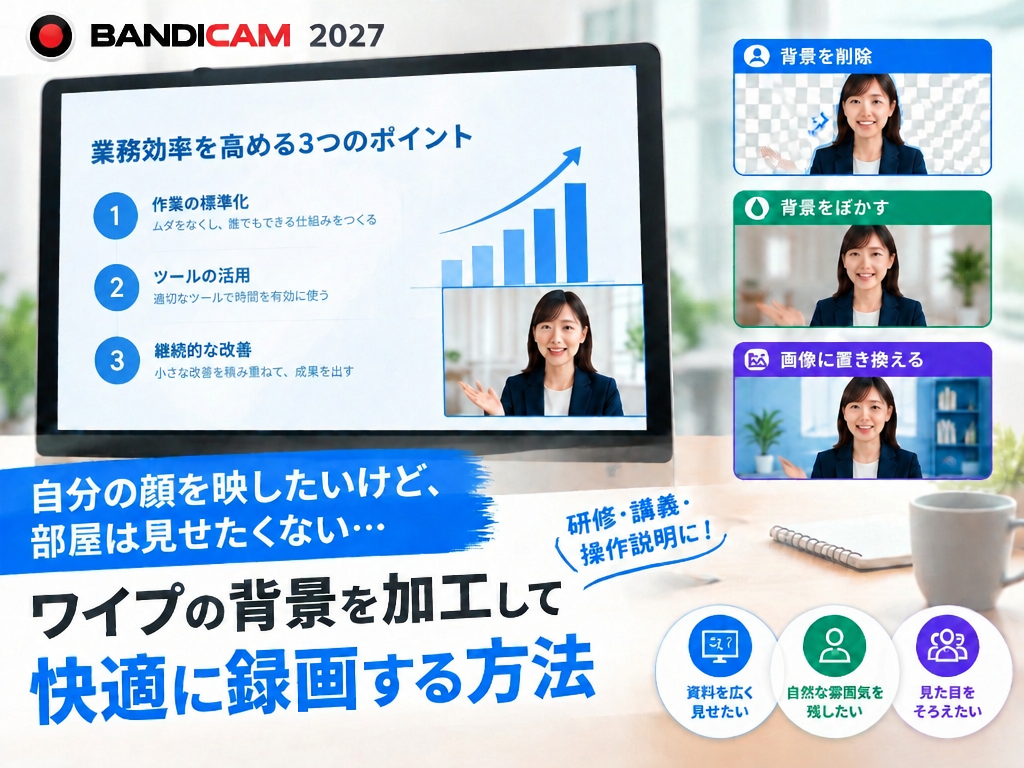 Bandicam 2027のWebカメラ背景透過、背景ぼかし、バーチャル背景