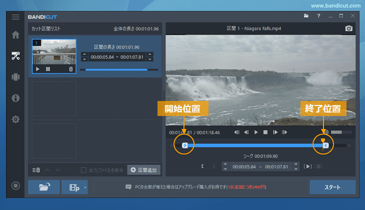 カットモードでHEVC/h.265ファイルの区間選択