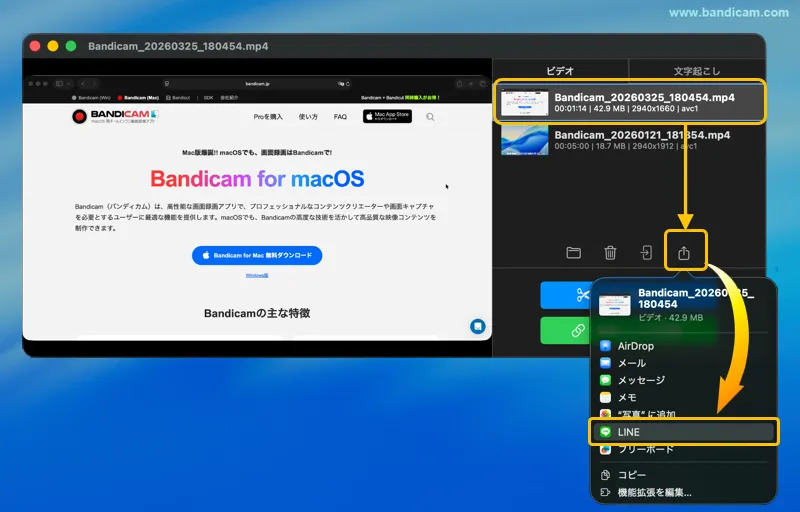 LINEを選択して動画を送信