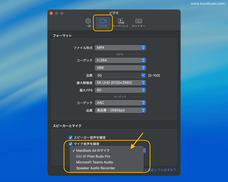 Bandicam Macのマイク設定