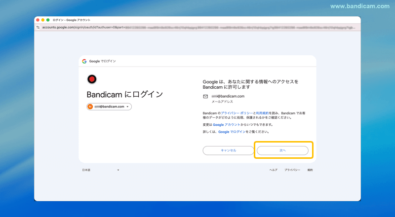 Bandicam Googleドライブ アクセス許可
