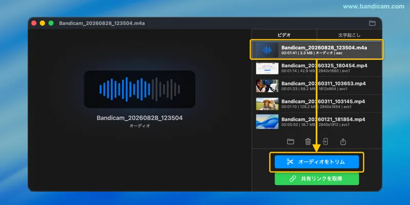 Bandicamのオーディオをトリムボタン