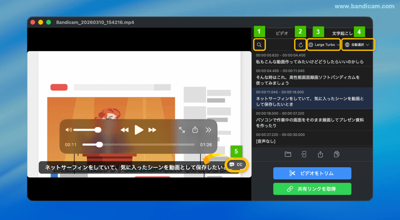 Bandicam 文字起こしパネル（言語選択・検索・字幕機能）