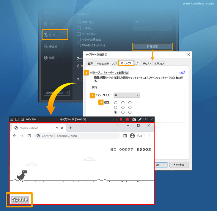 キャプチャー詳細設定 > キー入力