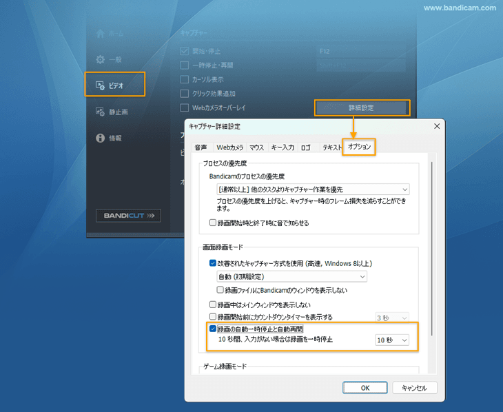 Bandicamの録画の自動一時停止と自動再開オプション