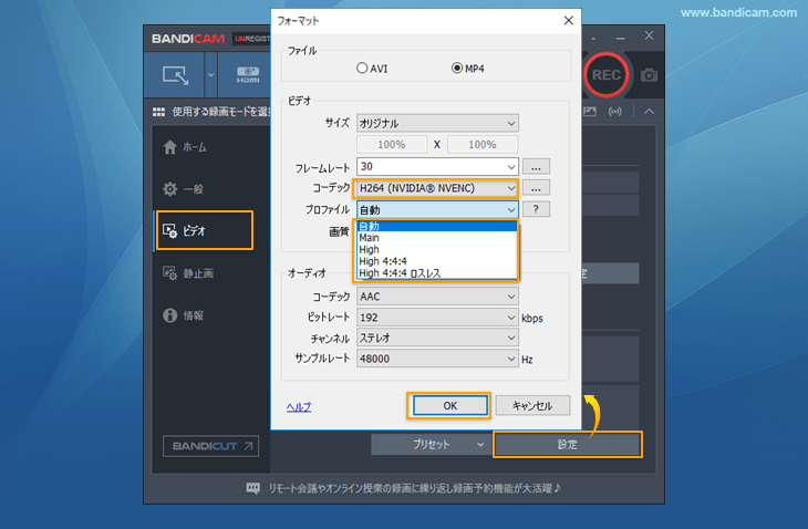 Bandicam H.264プロファイル