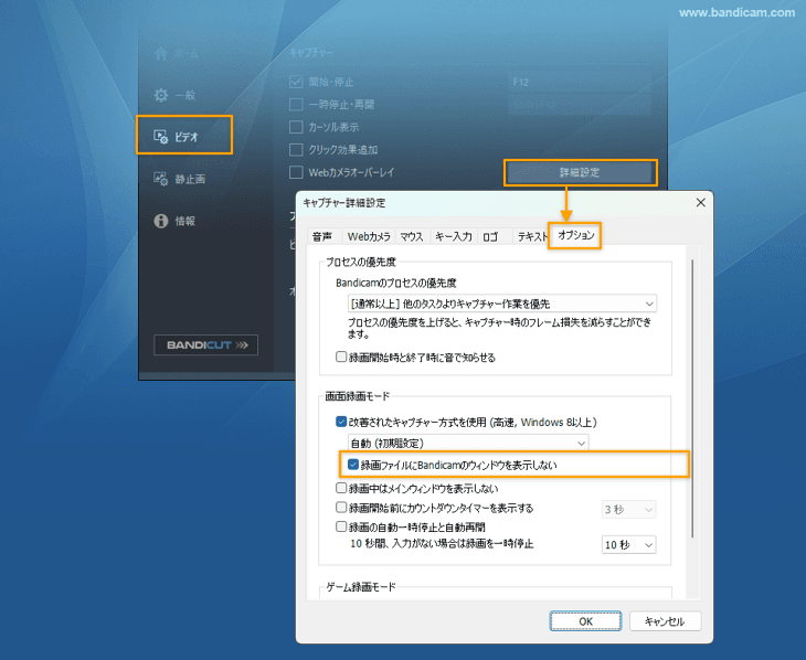 録画ファイルにBandicamのウィンドウを表示しない設定 録画ファイルにBandicamのウィンドウを表示しない設定