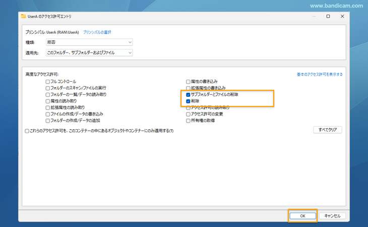 高度なアクセス許可で削除拒否設定