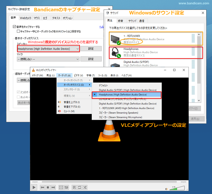 BandicamとVLCは同じ出力デバイスを使い、Windowsは違う出力デバイスを使う